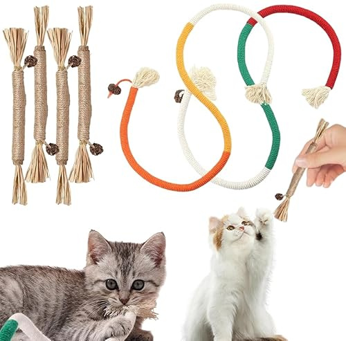 Thoquene 6 Stück Katzenminze Spielzeug Katzen Selbstbeschäftigung, 5 Matatabi Stick Katze mit 2 Beißseilen, Kauspielzeug