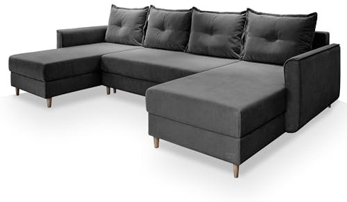 Masseno Ecksofa Verni mit Schlaffunktion U-Form, Sofa mit Bettkasten, Wohnzimmersofa, Couch, Soffa, Bettsofa, Couchgarnitur- Grau, Paros 06