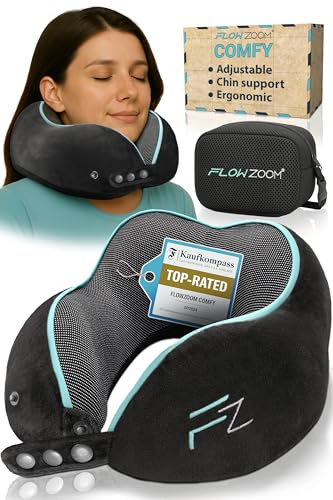 FLOWZOOM Comfy Memory Foam Travel Pillow for Airplane & Car – Adjustable Travel Neck Pillow with 360° Support, Soft, Washable Plush Cover and Compact Mesh Bag - Black