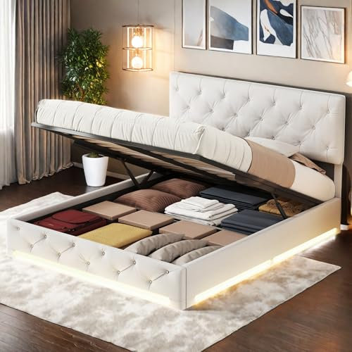SHAODENG Stauraumbett 140x200, Polsterbett mit LED-Beleuchtung, Doppelbett mit Bettkasten, Verstellbarer Kopfteil, Jugendbett Hydraulisches Funktionsbett Bettgestell, Beige, Leinen, Ohne Matratze