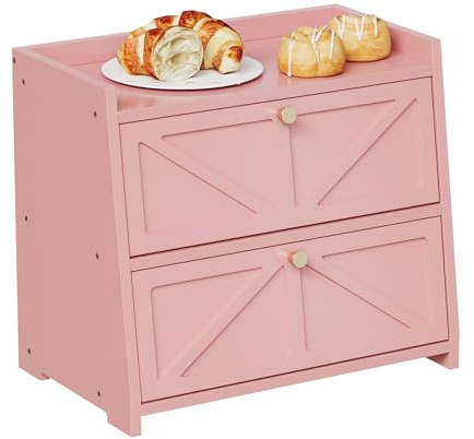 Trironsun Vintage Double Layer Bread Box for Kitchen Counter Bamboo Bread Storage Container Large Capacity Bread Storage Bin (Pink)