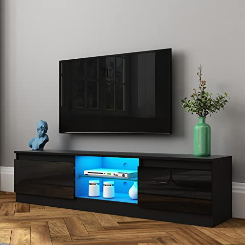 Komtopod TV Schrank mit 2 Türen 2 Regale, TV-Ständer Hochglanz Front, 160cm TV Lowboard mit LED Beleuchtung, Fernsehschrank für Wohnzimmer, Esszimmer, Schlafzimmer, Schwarz