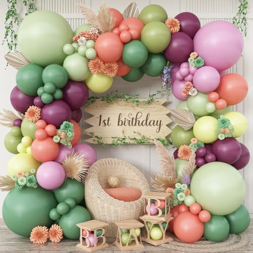 Arco de Globos Rosa y Verde de Doble Relleno, Guirnalda de Globos de Látex Verde Salvia Oliva Rosa Empolvado Amarillo Ciruela de Diferentes Tamaños para Decoraciones de Fiestas de Cumpleaños de Hadas