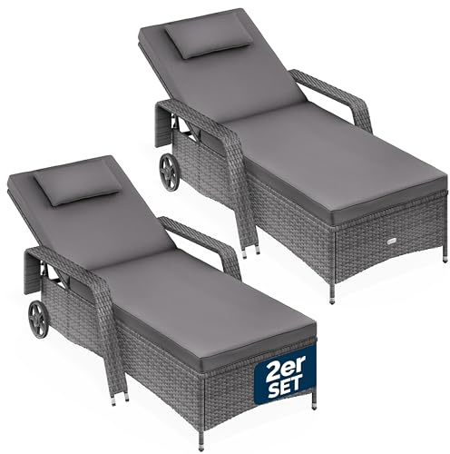 Casaria Sonnenliege mit Rollen 2er Set | Grau Anthrazit, Gartenliege, Wetterfest, 165kg Belastbar, Terrasse, Balkon, Liegestuhl, verstellbare Rückenlehne, Polyrattan