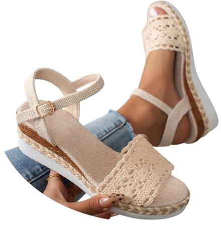 Minetom Sandalen mit Absatz Damen Sommer Keilabsatz Sandaletten Spitze Elegant Plateau Wedges Schuhe A Beige 2 42 EU