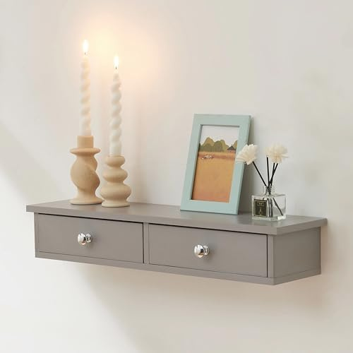 [en.casa] Wandregal Geeste Nachttisch hängend mit 2 Schubladen Nachtschrank Wandmontage Hängeregal 60 x 15 x 10 cm Schweberegal Hellgrau
