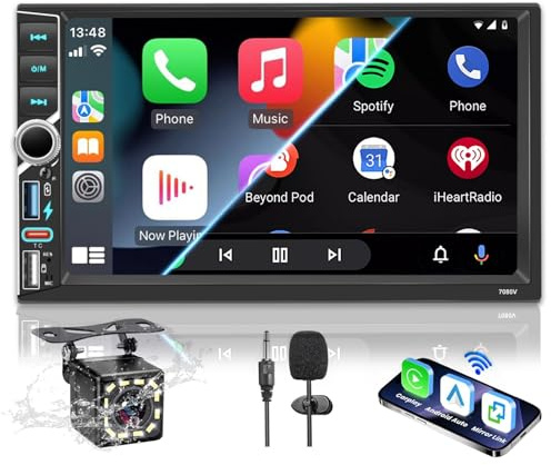 Autoradio 2 DIN BT Car Radio Car Play con Wireless Carplay e Android Auto, Doppio DIN 7 pollici HD Touch Screen, Radio FM RDS/Tipo C/Ricarica rapida/Microfono/Telecamera posteriore