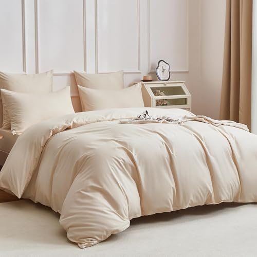 YASMENG Bettwäsche 200x220 Baumwolle Beige Uni Bettwäsche 100% gekämmte Baumwolle Kühlend Glatt Glänzend Weich Atmungsaktiv Bettbezug Set 3 Teilig mit Reißverschluss und 2 Kissenbezüge 80x80 cm