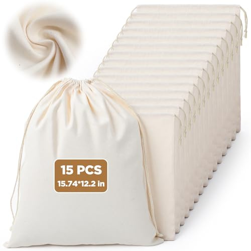 AojSup 15 Pack Premium Cotton Drawstring Bags, Muslin Bags with Drawstring for Storage, 15.74 x 12.2 Inch 100% Cotton Storage Bag for Handbags Purses Shoes
