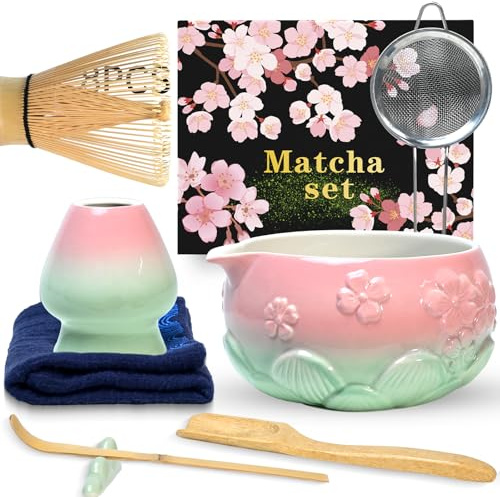 Shrubz Matcha Kit, 8 piezas Juego de batidor de matcha Tazón de matcha con pico Batidor de matcha, Cuchara, Kit de Té Matcha Artesanal para el hogar, la oficina y los salones de té, Rosa Verde