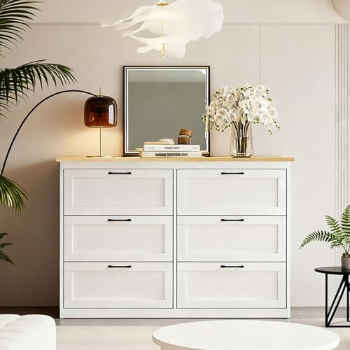 GRAVFORCE Kommode mit 6 Schubladen 110cm Breit Komodenschrank Sideboard Flur Kommode weiß Schlafzimmer Wohnzimmer 110Bx40Tx70H