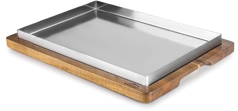 LACOR - 60831 - Llauna de Arroz, 26 x 18 cm, Bandeja de Acero Inoxidable, Base de Madera de Acacia, Ideal para Arroces, Guisos y Asados, Apta para Horno y Lavavajillas