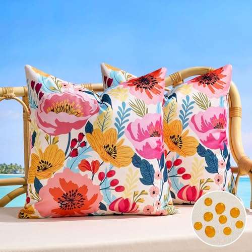 BonBotimen Kuddfodral 45 x 45 cm fyrkantigt dekorativt kuddfodral rosa blommor, utomhus vattentätt för utomhussoffa, trädgård, balkong, vardagsrum, lantlig stil, sommar, set om 2