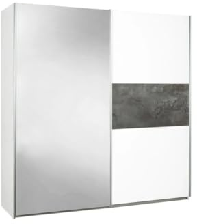 AltoBuy Armoire 2 Portes coulissantes Blanc laqué avec décor Gris oxyde et 1 Porte Miroir - MARIANE