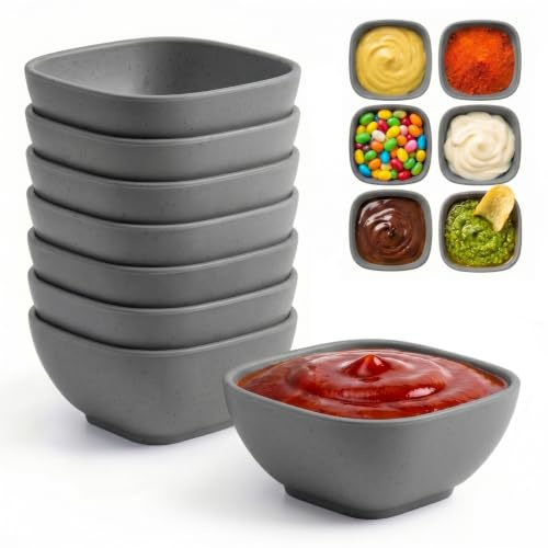Wrova Dipping Bowls | Set of 8 | Unbreakable Small Plastic Bowls 5oz Mini Serving Bowls for Sauce, Sushi and Snack, Microwave & Dishwasher Safe Dip Bowls for Kitchen, Picnic, RV - Grey