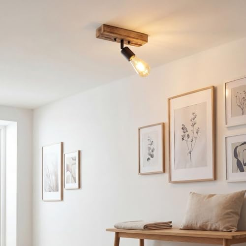 Licht-Erlebnisse Deckenstrahler Holz geflammt Metall B: 24 cm klein schwenkbar Retro Design für E27 Deckenlampe Flur Deckenspot
