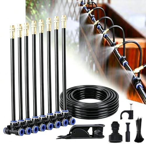 GEDEGOOK Nebulizador Terraza Exterior, 15M Sistema de Riego por Goteo Ajustable de 360°, Kit Nebulizador Jardin, Sistema de Refrigeración para Invernadero Enfriamiento