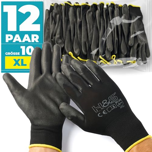 ISC Hygiene & Safety – Gants de travail anti coupure – Gant de travail homme – Gants de travail femme nylon enduit PU – Sans couture – Taille 10 - XL – Lot de 12 paires