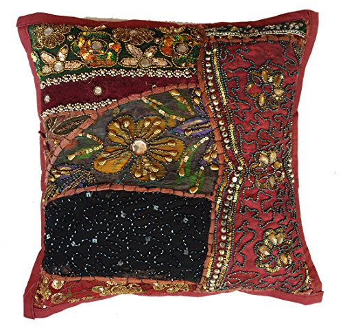 Rastogi Handicrafts Federa decorativa per cuscino, in cotone ricamato, patchwork tradizionale, indiano, fatta a mano, colore: marrone
