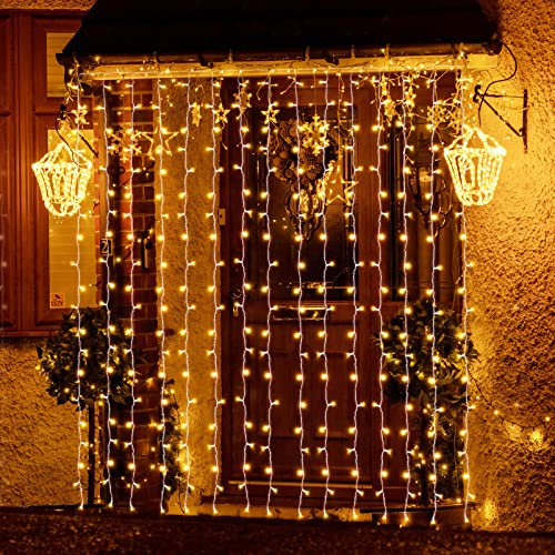 SALCAR 6m x 3m LED Lichtervorhang Außen Weihnachten, Lichterkette Vorhang Innen mit 8 Modi und Memory, Weihnachtsbeleuchtung Outdoor Garten, Warmweiß