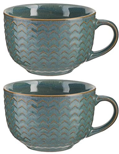 Dibor Set of 2 Large Blue Mugs 400ml Distressed Tea/Coffee/Hot Chocolate Stoneware Coffee Cups Wedding Anniversary Housewarming Kitchen Gift