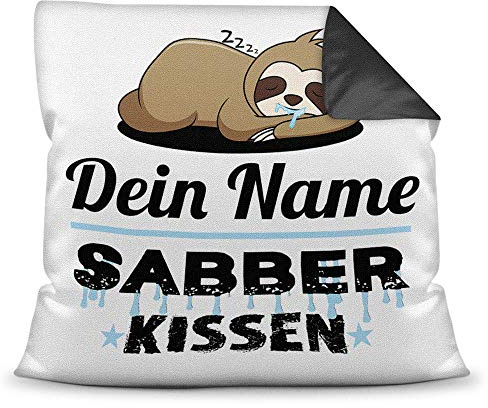 Kissen inkl. Füllung Faultier PERSONALISIERT mit WUNSCHNAME für Ihn - Sein Name Sabberkissen - Kuschelkissen / Lustige Geschenkidee für Männer / Freund / Geburtstag - Farbkissen Rückseite Schwarz