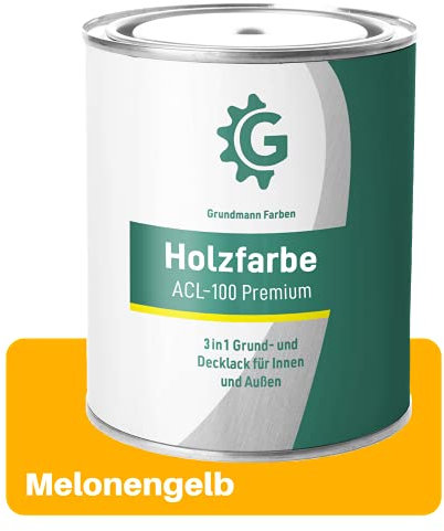 Grundmann Holzfarbe ACL 100 - Holzlack 0,7 Kg Gelb - 4in1 Holzschutzlack & Wetterschutzfarbe - Wetterfest für Innen und Außen - RAL 1028 Melonengelb