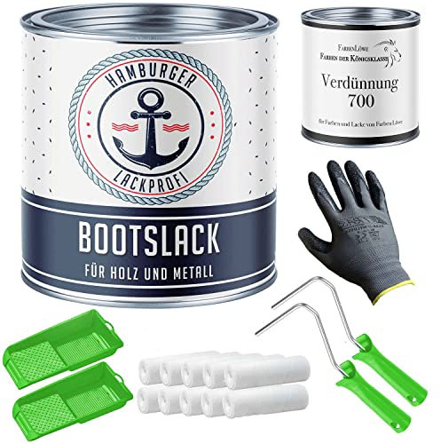 Bootslack MATT für Holz und Metall Weißaluminium RAL 9006 Weiß Yachtlack Yachtfarbe Bootsfarbe mit Lackier-SET (X300) und Verdünnung (1 L) // Hamburger Lack-Profi (1 L)