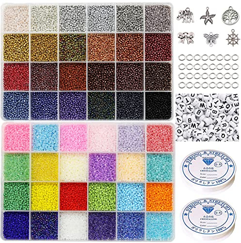 31200 perline in vetro, 48 colori, 2 mm, 12/0, kit per la creazione di gioielli con lettere dell'alfabeto, 2 rotoli cordoncino elastico, ciondoli e anelli