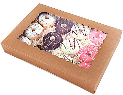 Tcoivs 20-Pack 16 x 11 x 2.5 Bakery Boxes with Window Hold 12 Donuts, Auto-Popup Large Cookie Boxes for Pies, Cakes, Muffins, and Pastries (Brown)