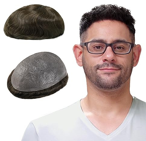 Lordhair Protesi Capelli Uomo, Pelle Super Sottile da 0,03 mm Tutti con loop a V Parrucca da Uomo per Sistema Capillare da 8x10 Pollici Dimensione Della Base