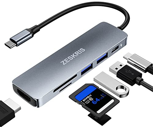 Hub USB C, ZESKRIS 6 en 1 MackBook USB multipuerto Adaptador con 2 USB3.0 SD/Micro SD Lector de Tarjetas 4K HDMI 100W PD para Macbook Air/Pro y Otros