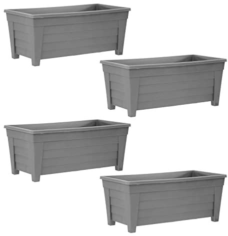 simpa Plastic Trough Garden Planter Pots 55cm Length - GREY, Set of 4 Pots - Suitable for Indoor or Outdoor Use with DIY Drainage Holes.