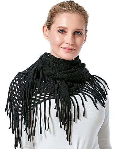 KOEMCY Damen Schal Strick Dreieck Schale Langer Halstuch Imitation Kaschmir Halstücher Herbst Winterschal Halstücher Fransen Schal Stola (Schwarz)