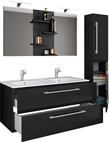 VCM 4-TLG. Doppel Waschplatz, 2X Waschtisch, Badmöbel Set mit Unterschrank, Waschbecken, Hochschrank und Spiegel, Doppelwaschbecken, Komplettset Budasi SP