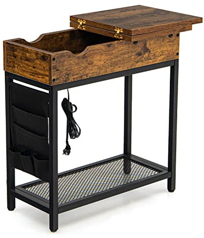 COSTWAY Beistelltisch mit Ladestation, Nachttisch Holz, Sofatisch mit USB-Anschlüssen, Flip Top Tisch, inkl. Stofftasche, 3 Ebenen Beistelltisch schmal, Metallrahmen, Vintage