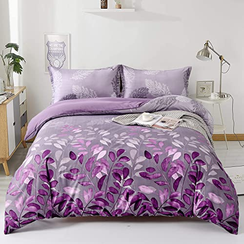 DJY - Parure de lit avec housse de couette pour très grand lit, motif floral violet réversible, parure de lit légère en feuilles 3 pièces avec fermeture à glissière (très grand lit, 220x230 cm)