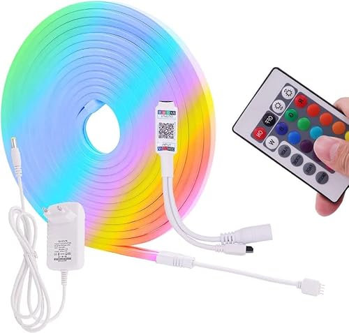 Wisada RGB Neon LED Streifen 5M, DC12V 3535 480 LEDs Silikon Flexibler Neonstreifen, Bluetooth Musiksynchronisierung Neon LED Lichtband mit IR Fernbedienung & Netzteil für Schlafzimmer,Weihnachtsfeier
