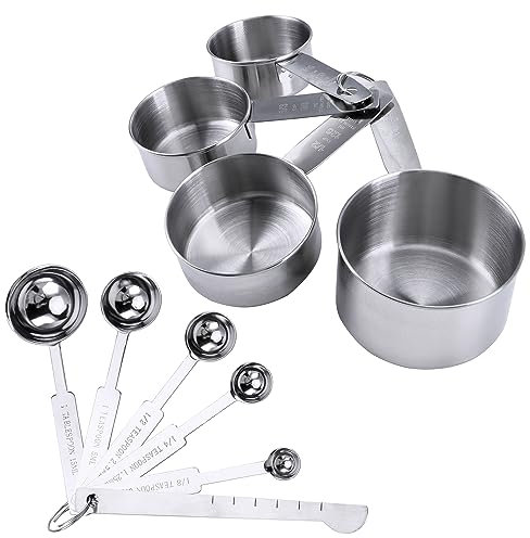 10 teiliges Messbecher und Löffel Set, Edelstahl Messbecher und Löffel mit Meßlineal, Küche Umrechnungstabelle Set für Trockene und Flüssige Zutaten