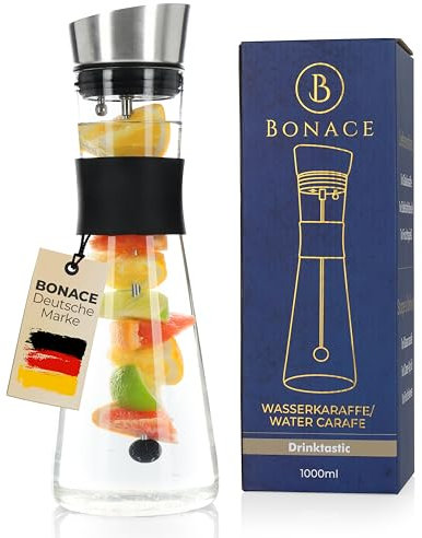 BONACE Glaskaraffe mit Deckel und abnehmbaren Fruchtspieß | Hitzebeständig | BPA FREE | 1 l | Wasserkaraffe mit Filter und Kippverschluss | Ideal für Infused Water, Eistee oder Limonade (1 Liter)