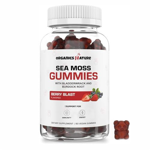 ORGANICS NATURE Irish Sea Moss Gummies for Lung Detox, Thyroid, Strength Immune & Energy Support, Vegan Seamoss Gummies for Kids & Adults - 60 Vegan Gummy Bears Berry Flavored