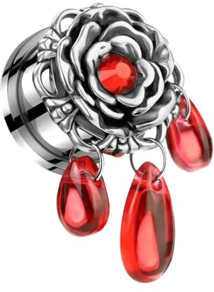 beyoutifulthings Ohr-Tunnel Silber Blume Rot Tropfen-Anhänger Chirurgenstahl Ohr-Piercing Ohr-Schmuck Plug Screw Fit Schraub-Verschluss 6-16mm