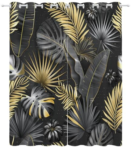 Srigzcaly Rideaux Occultant Plantes Tropicales en Or Noir 3D Impression Isolant ​Thermique Isolant ​phonique 90% Rideaux Occultant à Oeillets Douceur Chambre Garçon Fille 2 Panneaux 140 x 245 cm(LxH)