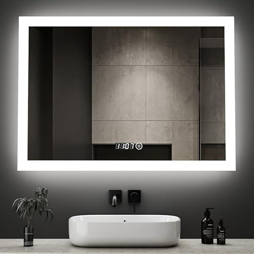 Boromal LED Badspiegel mit Beleuchtung und Uhr 80x60cm Badezimmerspiegel mit Beleuchtung LED Spiegel mit Beleuchtung Lichtspiegel Wandspiegel mit Touchschalter, Uhr, 3 Lichtfarben 3000K-6500K Dimmbar