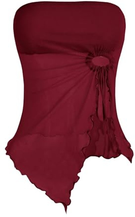 GORGLITTER Haut court en maille Y2k pour femme, sans bretelles, avec ourlet ondulé, épaules dénudées, haut d'été avec fente, bordeaux, XS