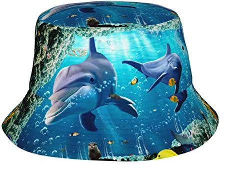 LAMAME Fischerhut mit Fuchs-Motiv, bedruckt, für den Außenbereich, Strand, Sonnenhut, lässige Kopfbedeckung, Ozean Unterwasser-Delfinfisch, 5-7