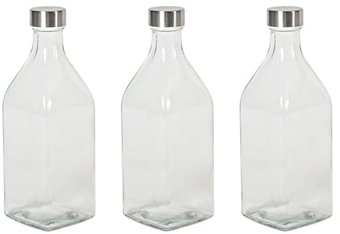 Tradineur - Pack de 3 botellas de vidrio cuadradas con tapón de acero, cierre de rosca, agua, leche, batidos, zumos, licuados de verduras, salsas, frigorífico - 1 litro