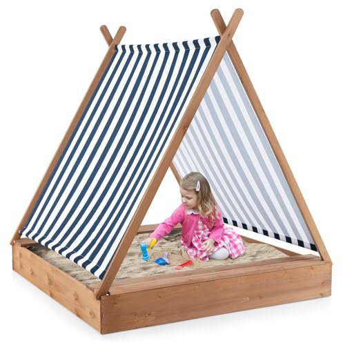 COSTWAY Kids Wooden Sandpit, 124 x 123cm Outdoor Sandbox with Removable Canopy, 2 Bench Seats, Outdoor Sand Box for Backyard Garden Beach