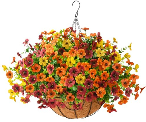ZFProcess Artificial Fake Hanging Plants Flowers Basket, Faux Silk Daisy in Planter Realistic UV Resistant for Outside Home Patio Balcony Yard Mums Autumn Outdoor Decoration (Orange Brown Yellow) | Faux Silk Daisy, Front Door Porch Planter, Patio Yard Garden Balcony, Realistic, No Fade, Fall Decor, Orange Brown Yellow