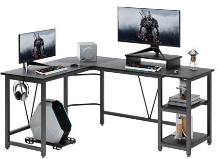 TREETALK Bureau d'ordinateur, en forme de L avec étagères à 2 couches, grande table pour ordinateur portable avec support CPU et support pour écran, bureau d'angle pour bureau à domicile (fibre de